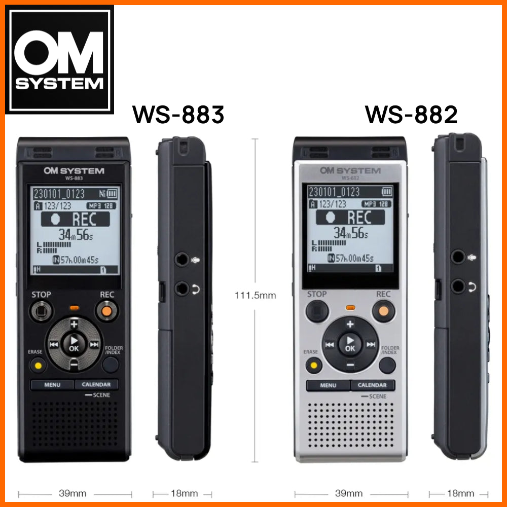 OM System WS883 WS882 physical size Olympus digital voice recorder 8gb and 4Gb memory