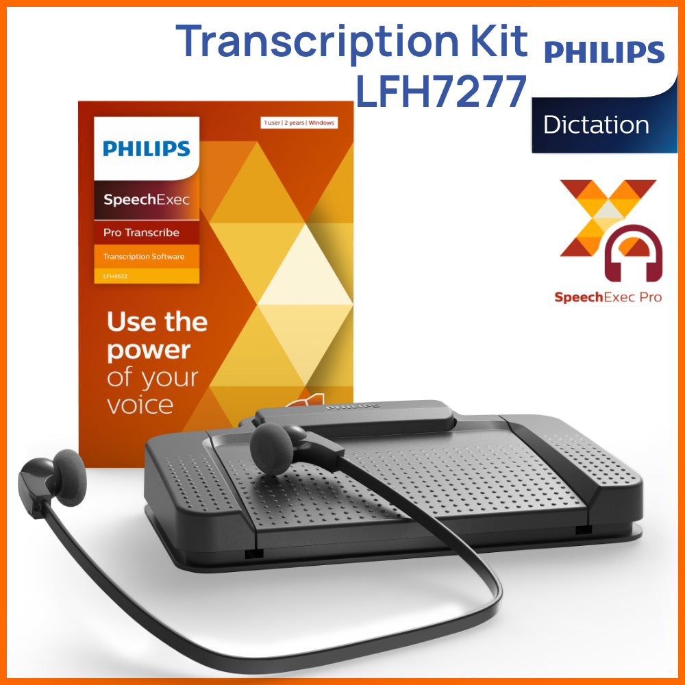 Buy LFH7277 Philips Transcription Kit with pedal headset and speechexec pro transcribe v12 for Windows software