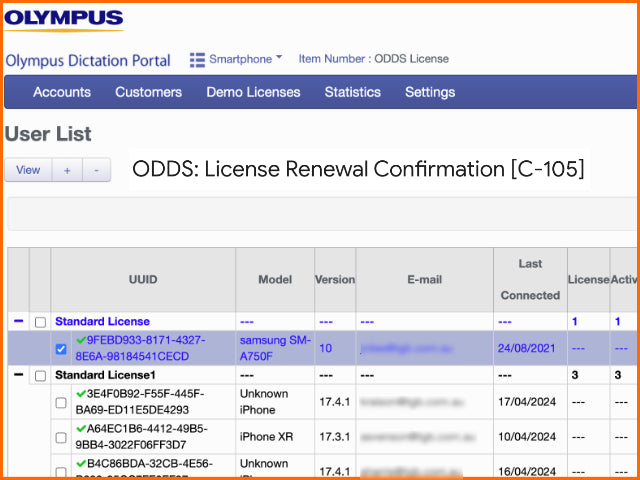Unable to flag or renew a licence in the Olympus dictation portal?