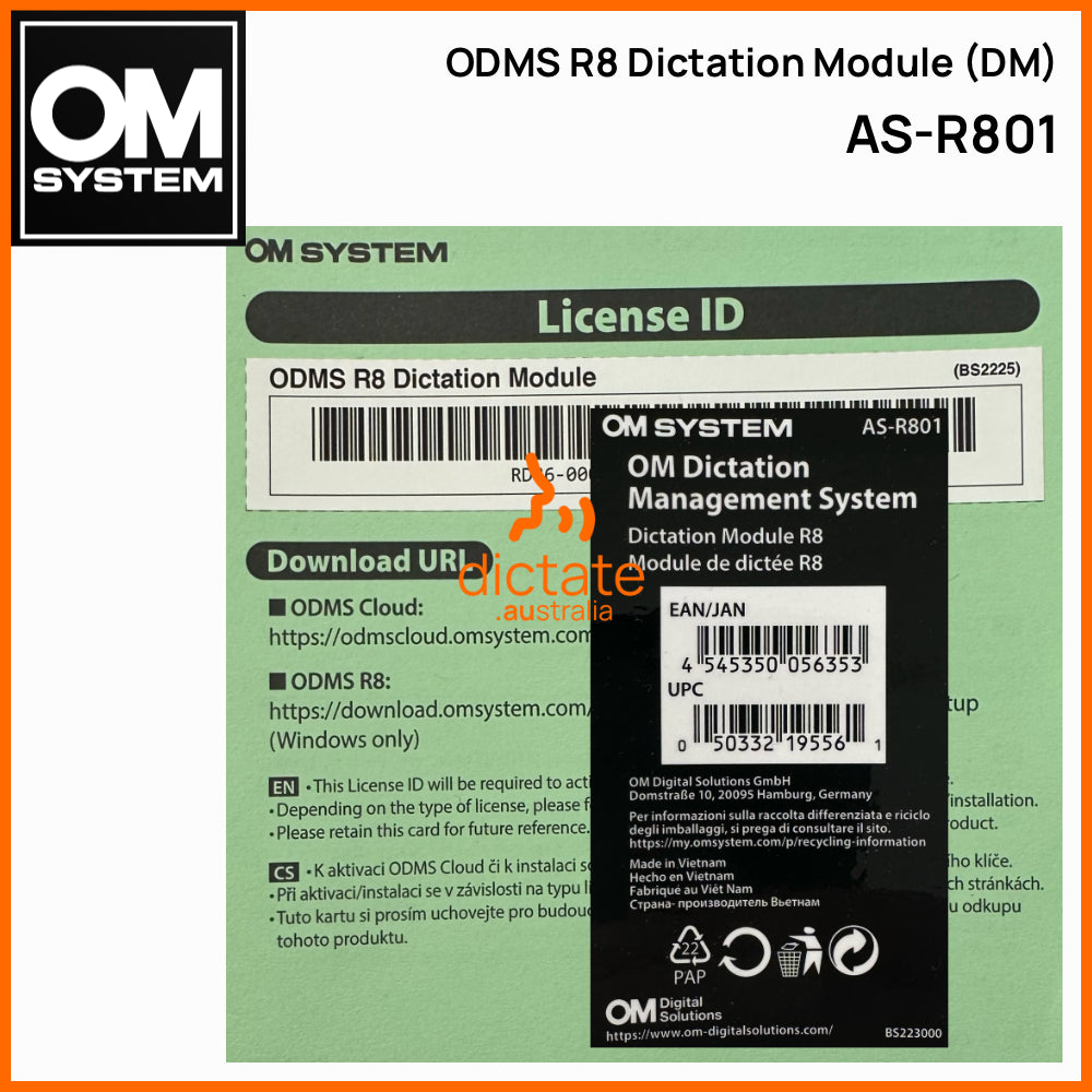 AS-R801 OM System ODMS R8 Dictation Module DM Licence Card