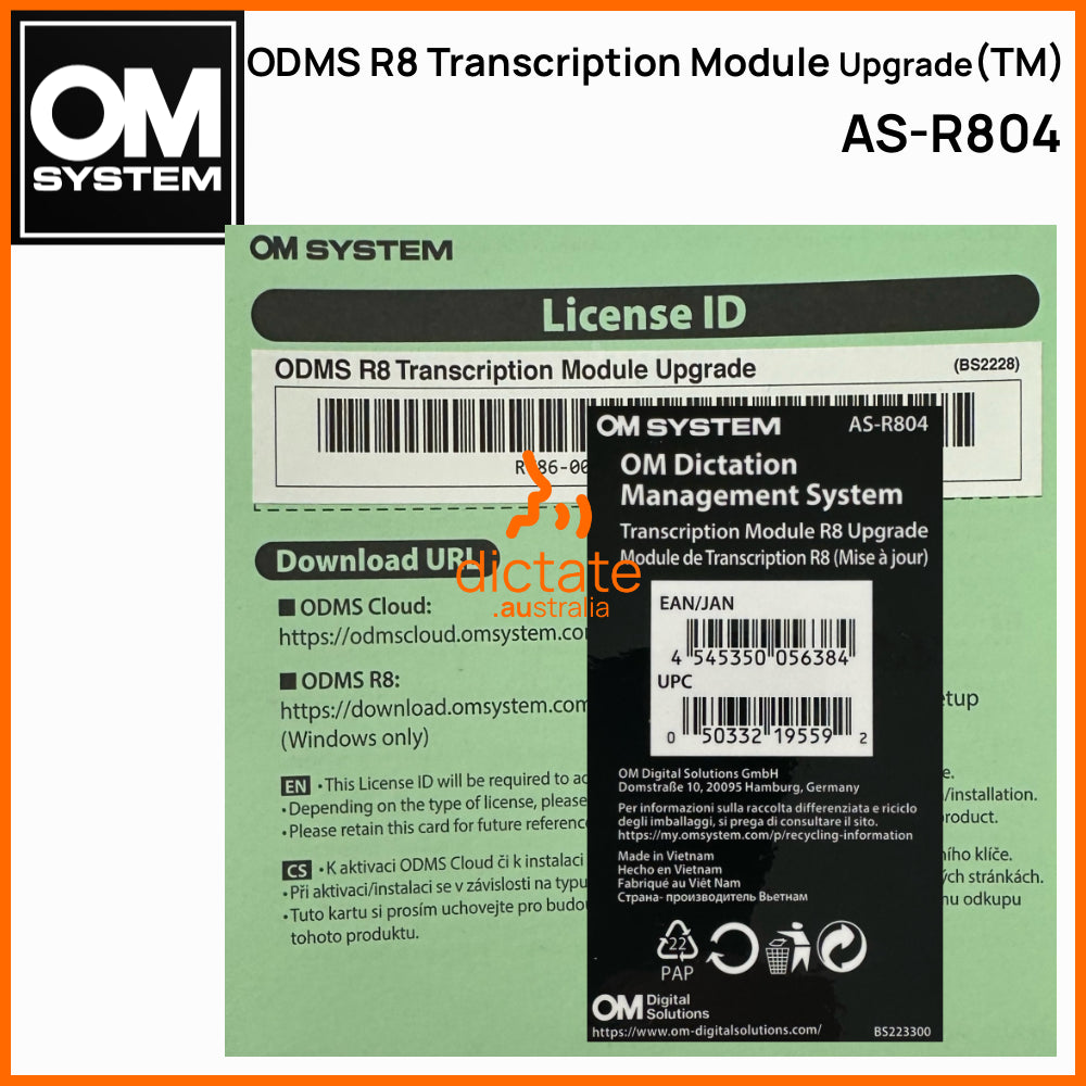 AS-R804 OM System ODMS R8 Transcription Module TM Upgrade Licence Card