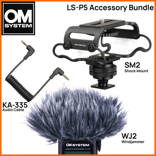 OM System LS-P5 Accessory Bundle with WJ2 Windjammer plus SM2 Shock Mount and KA-335 Curly Audio Cable