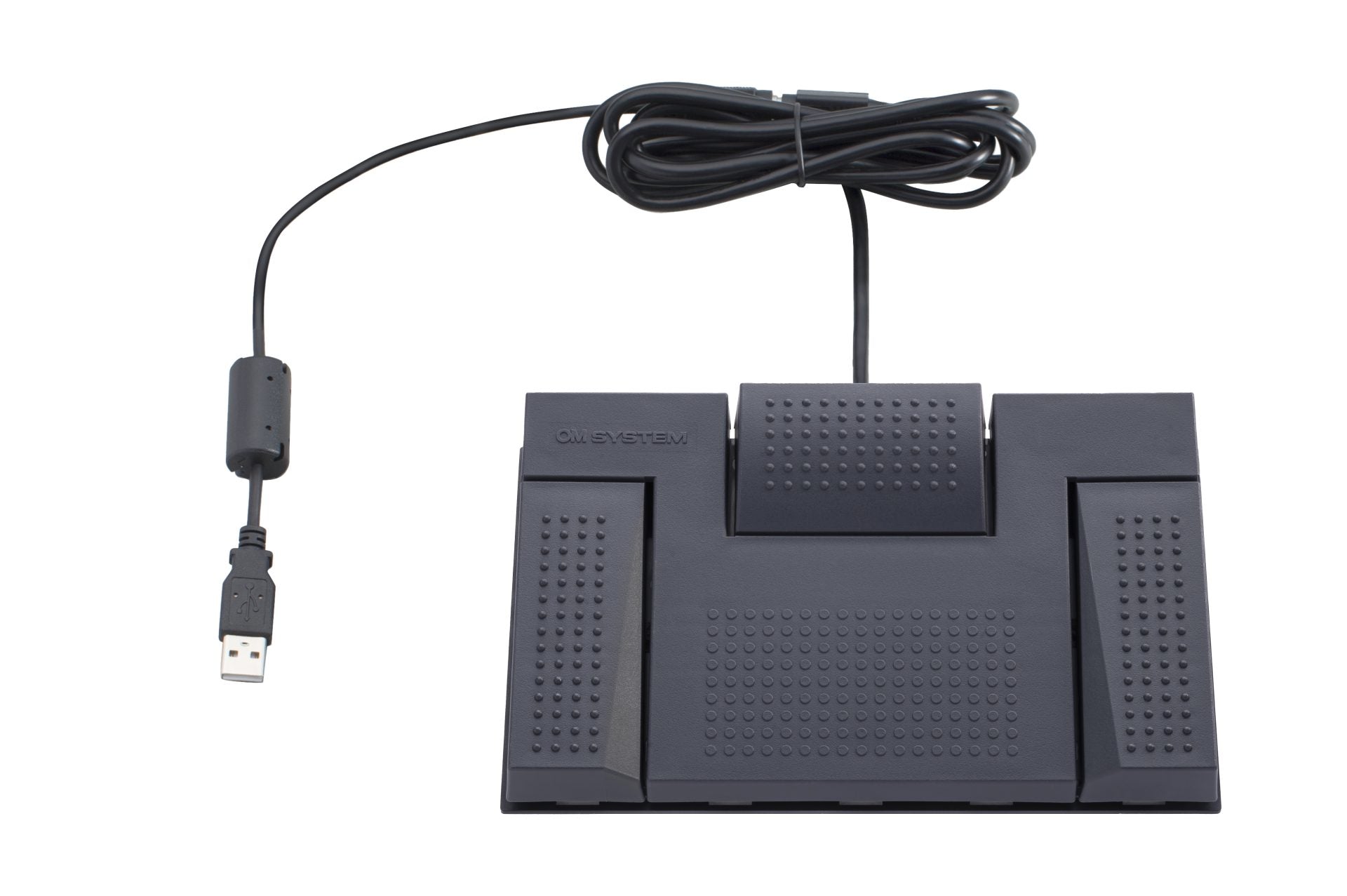 OM System RS-28N USB transcription foot pedal, front view with cable